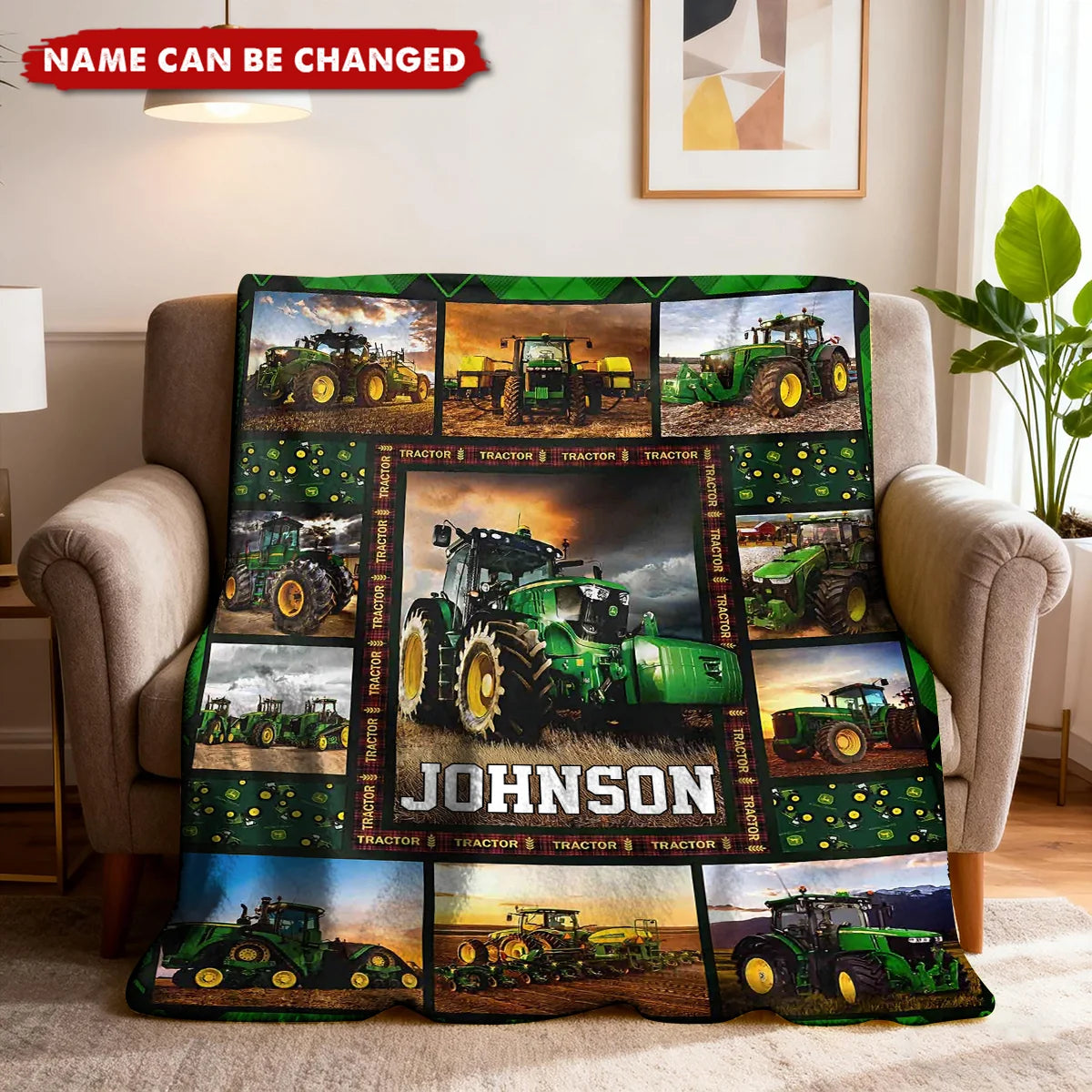 Custom Name Green Farm Tractor Blanket - Personalized Gift for Kids