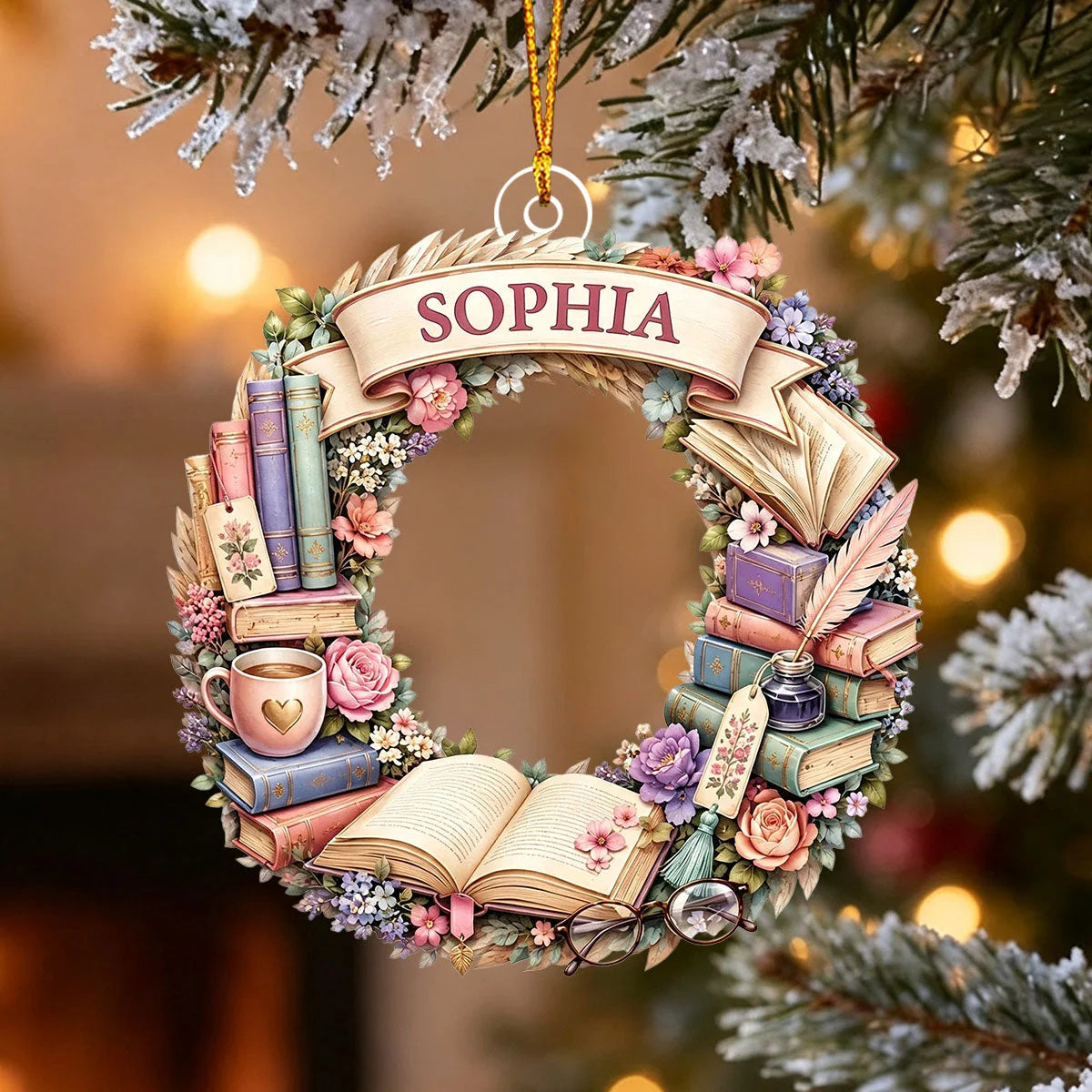 Custom Book Wreath Acrylic Ornament - Personalized Name Keepsake for Book Lovers