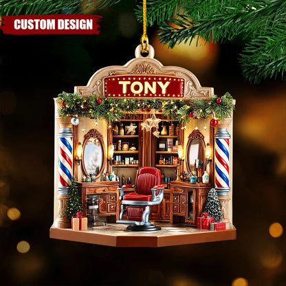 Personalized Barber Shop Christmas Ornament - Custom Name Wooden Gift for Barbers