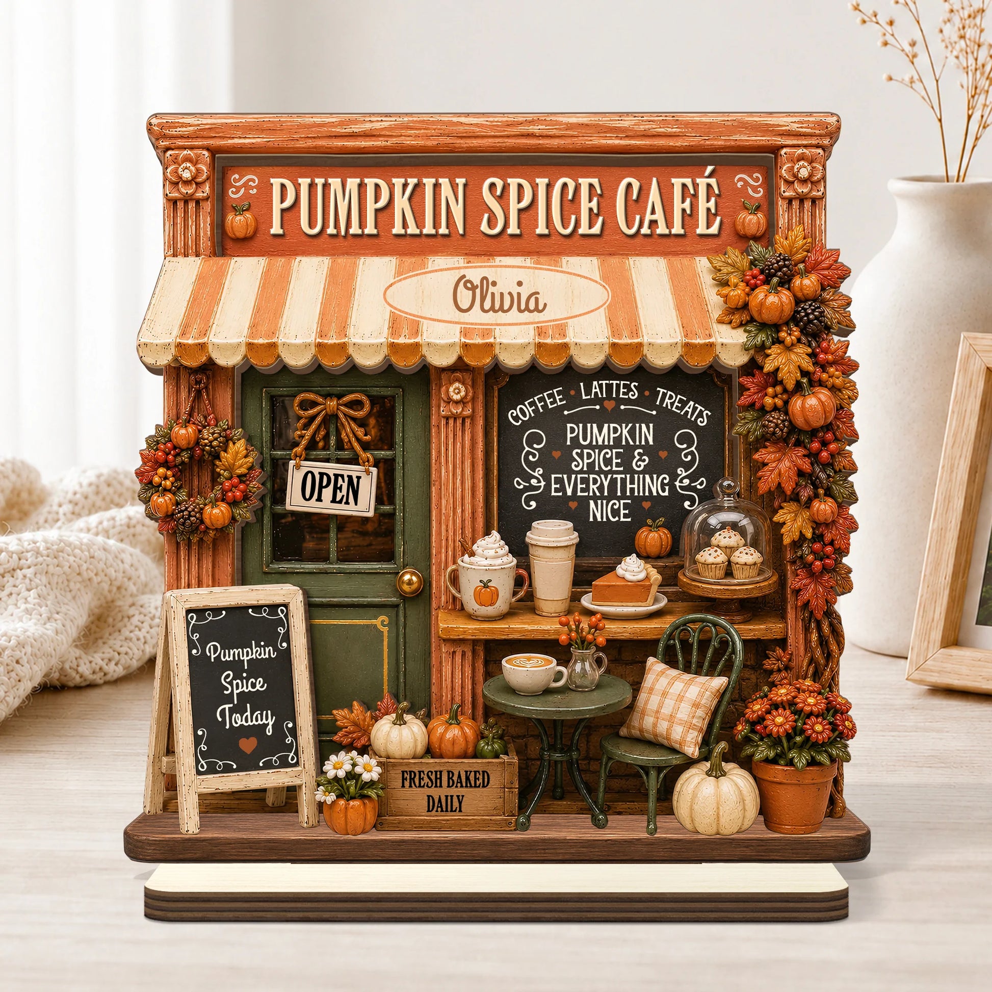 “Pumpkin Spice Cafe” Custom Wooden Plaque - Personalized Fall Decor Gift for Coffee Lover