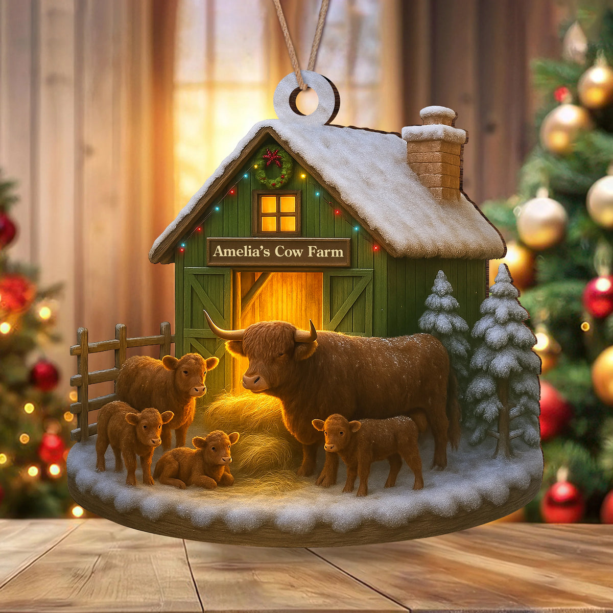 Custom Name Highland Cow Farm Wood Ornament - Personalized Farmhouse Christmas Tree Decoration and Holiday Keepsake Gift