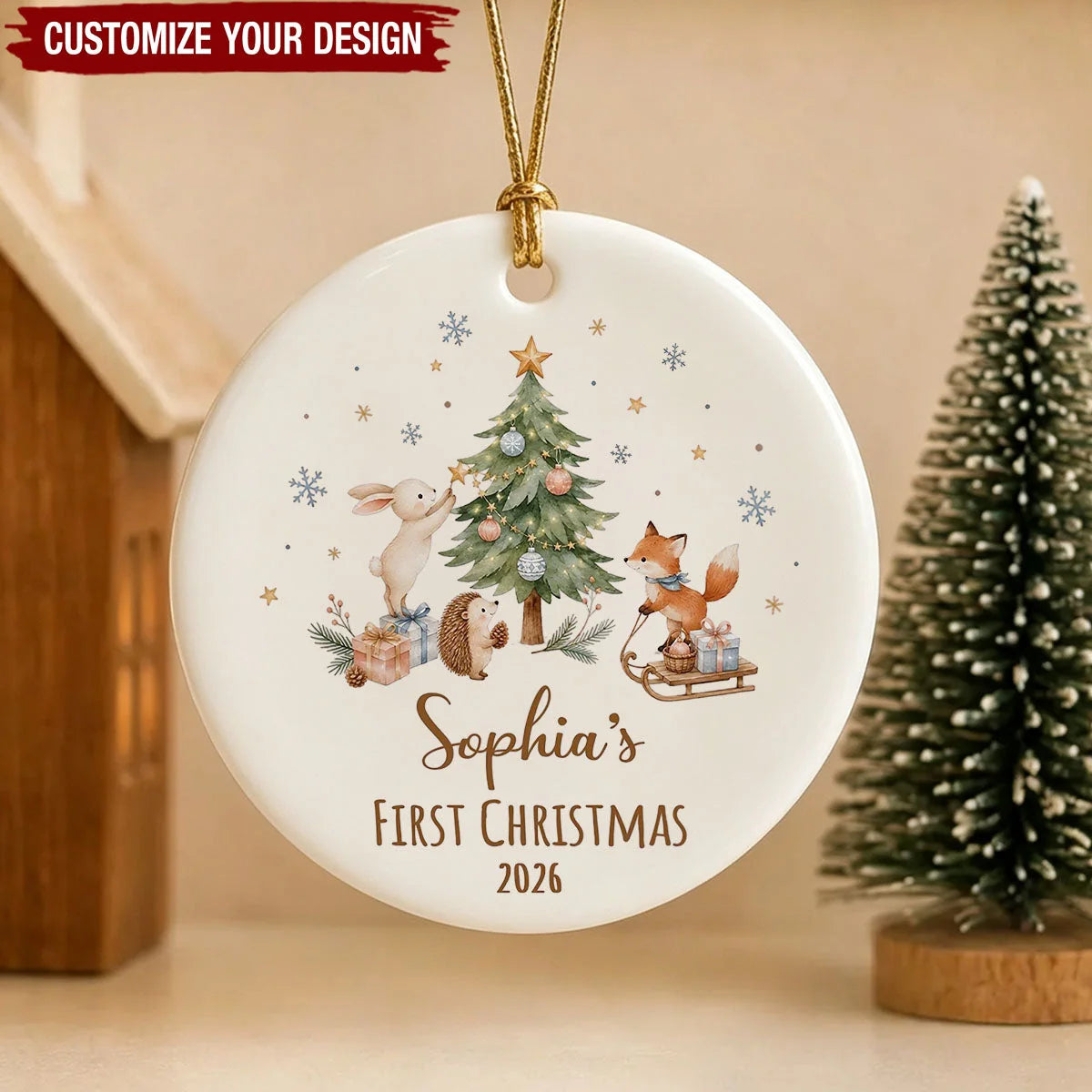 First Christmas Woodland Keepsake - Personalized Ceramic Ornament for Baby Girl or Boy