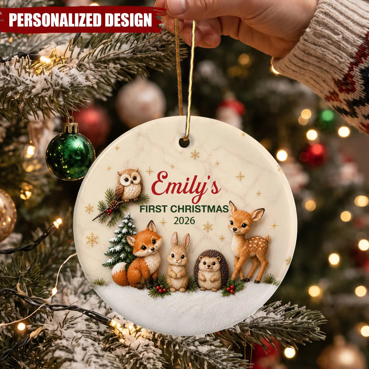 First Christmas Woodland Animals Ceramic Ornament - Personalized Baby Keepsake Gift