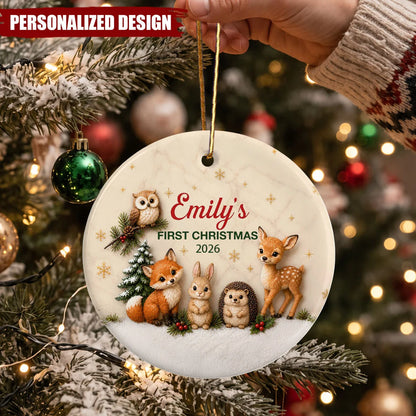 First Christmas Woodland Animals Ceramic Ornament - Personalized Baby Keepsake Gift