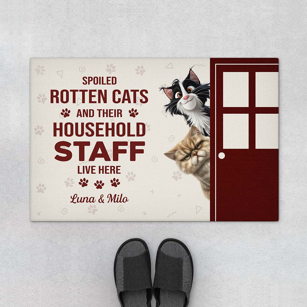 Spoiled Rotten Cats And Their Household Staff - Personalized Doormat for Cat Lovers