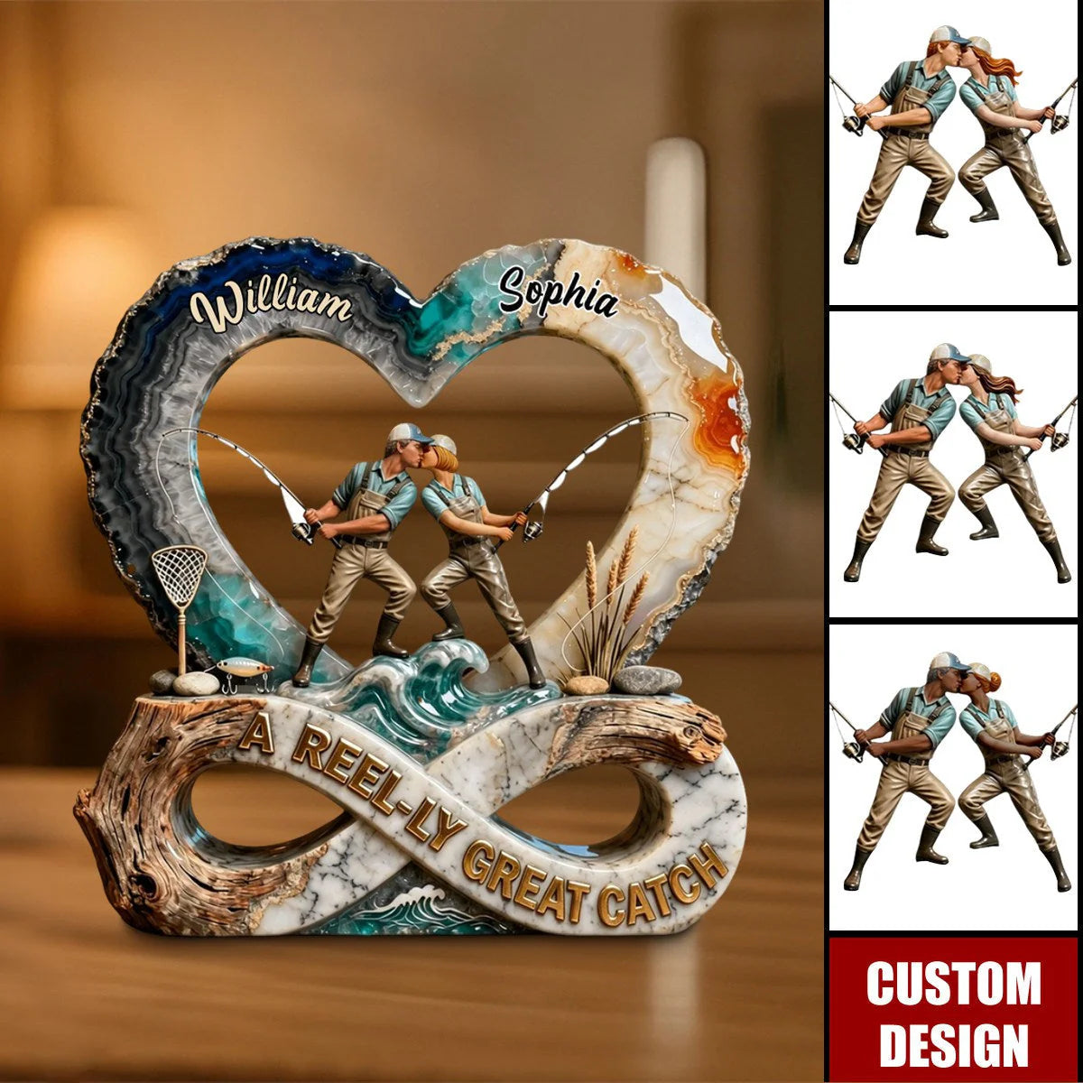 Personalized fishing couple acrylic plaque with custom names and infinity heart design for anniversary gift