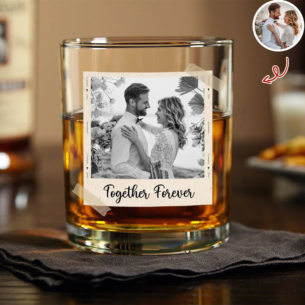 Together Forever Personalized Whiskey Glass for Husband - Custom Photo Rocks Glass Valentine Gift