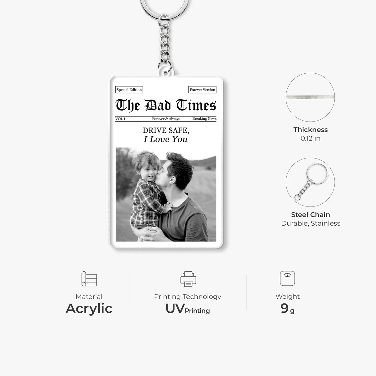 Drive Safe I Love You Personalized Photo Keychain - Custom Dad Newspaper Acrylic Gift