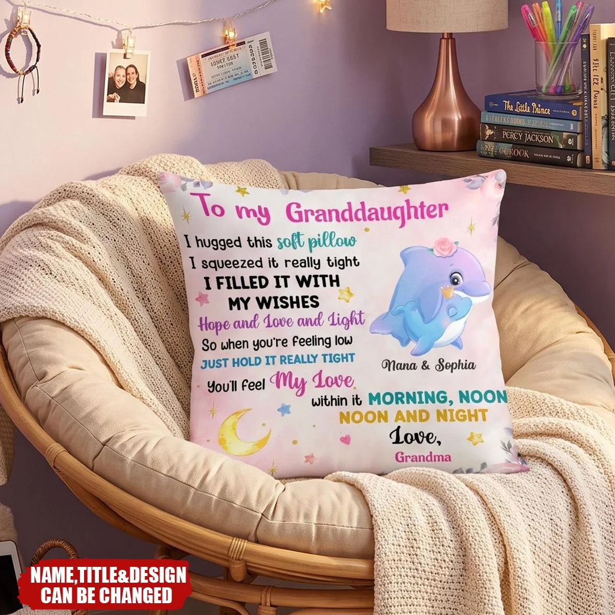 To My Granddaughter I Hugged This Soft Pillow - Custom Personalized Dolphin Pillow Gift from Grandma for Birthday