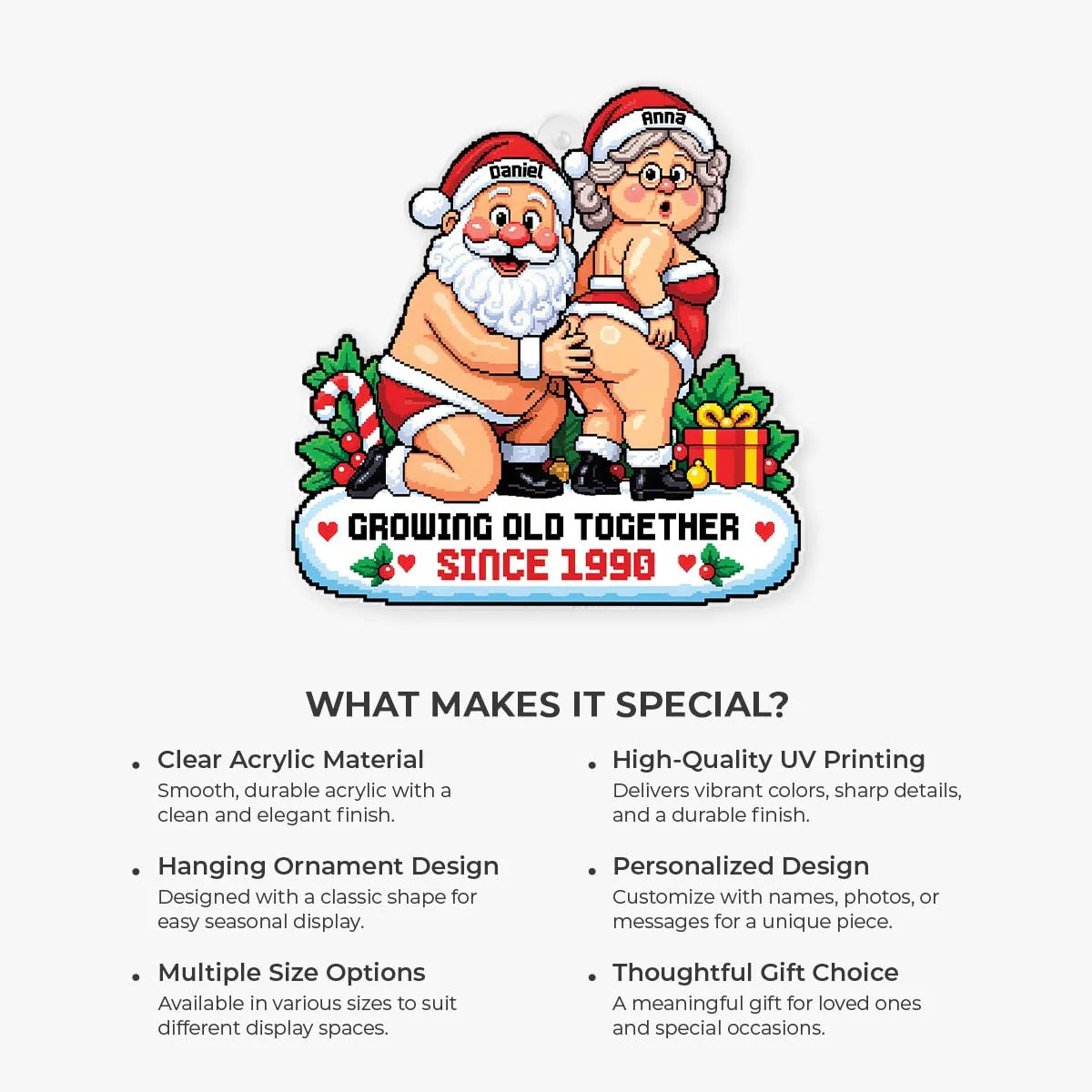 Growing Old Together Custom Pixel Art Santa Acrylic Ornament - Funny Christmas Gift for Couples