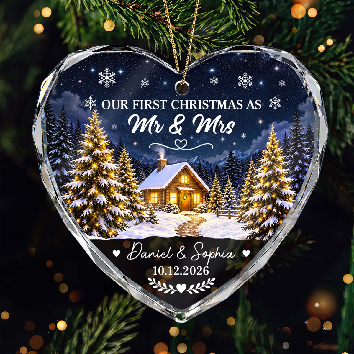 Personalized Our First Christmas As Mr and Mrs Glass Heart Ornament - Custom Name Wedding Keepsake Gift for Couple