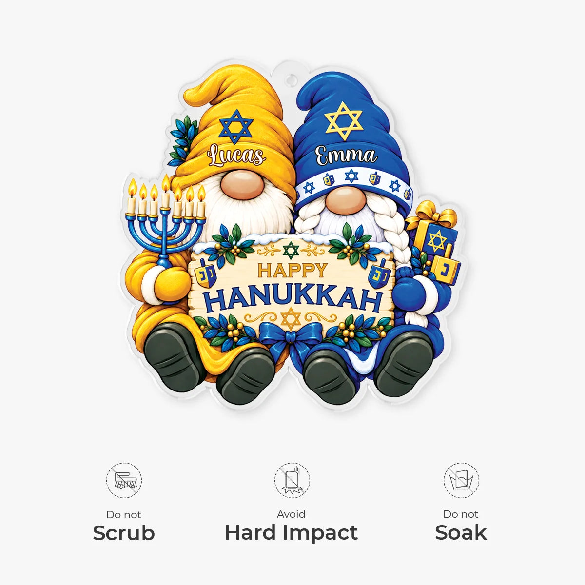 Happy Hanukkah Personalized Gnome Acrylic Ornament - Custom Holiday Keepsake Gift for Couples