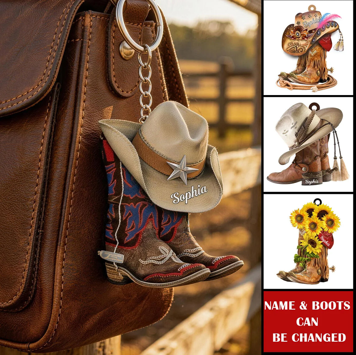 Personalized Cowboy Boots and Hat Keychain - Custom Western Country Key Ring Gift