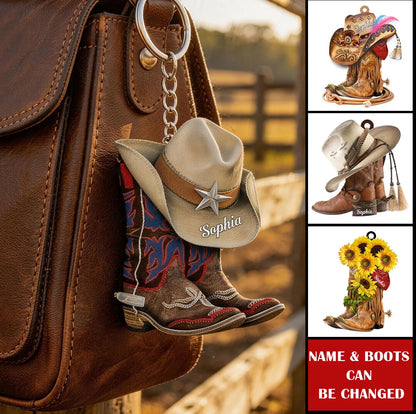 Personalized Cowboy Boots and Hat Keychain - Custom Western Country Key Ring Gift
