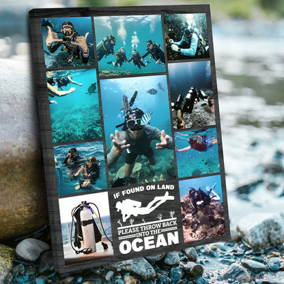 Personalized scuba diving canvas wall art featuring custom underwater photo collage with 'If Found On Land' quote