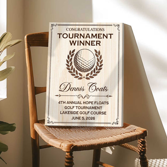 Congratulations Tournament Winner Personalized Golf Award Plaque Canvas / Poster - Custom Golfer Trophy Wall Art
