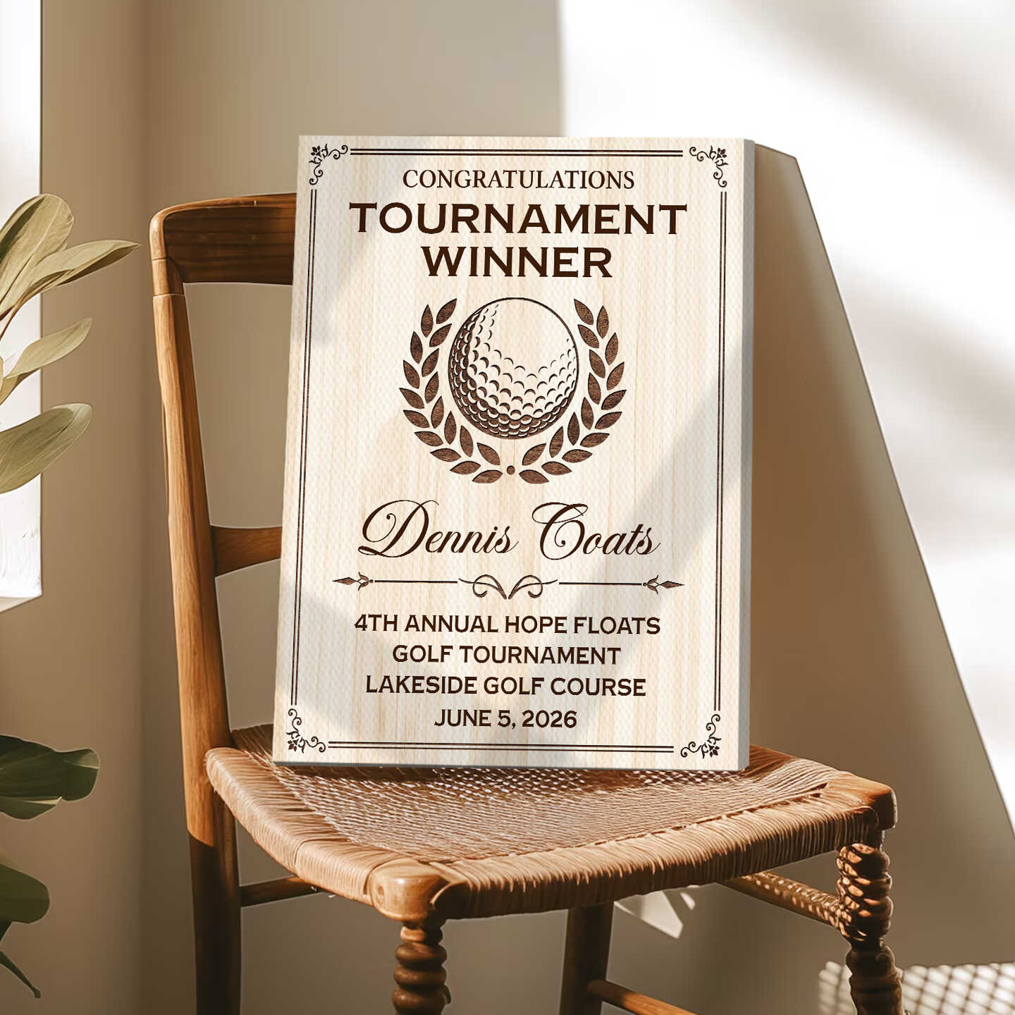 Congratulations Tournament Winner Personalized Golf Award Plaque Canvas / Poster - Custom Golfer Trophy Wall Art