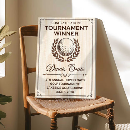 Congratulations Tournament Winner Personalized Golf Award Plaque Canvas / Poster - Custom Golfer Trophy Wall Art