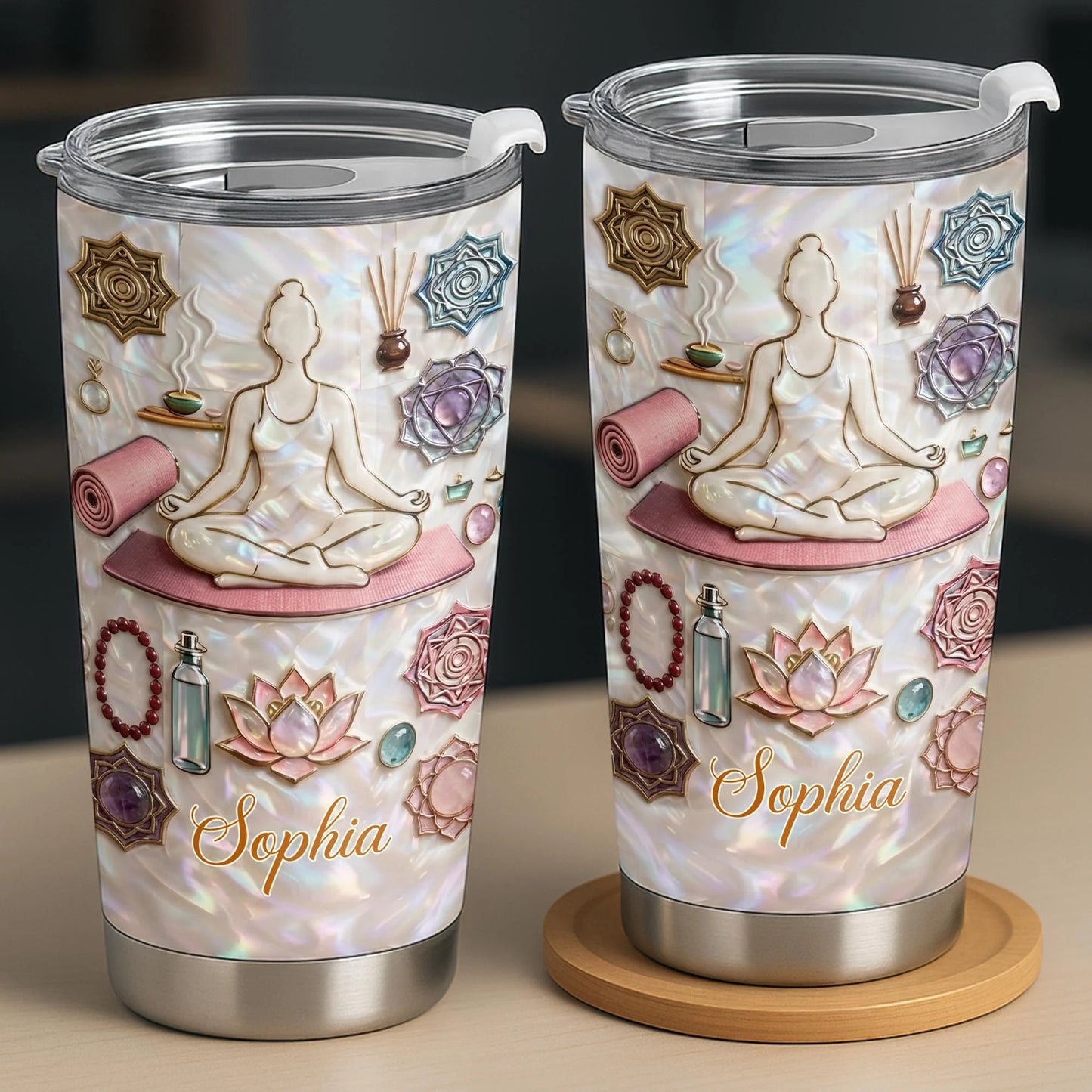 Personalized yoga meditation tumbler with custom name Sophia, faux 3D lotus flower, and mother of pearl design. image 8