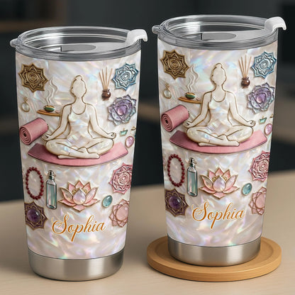 Personalized yoga meditation tumbler with custom name Sophia, faux 3D lotus flower, and mother of pearl design. image 8