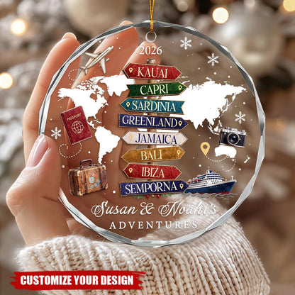 Personalized Travel Adventure Glass Ornament for Couples - Custom Names Destination Keepsake Christmas Gift