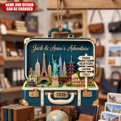 Personalized Adventure Wooden Ornament - Custom Travel Suitcase Christmas Gift for Couples
