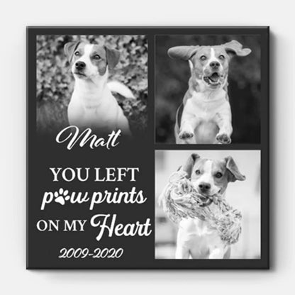Personalized dog memorial canvas print featuring custom photos and paw prints on my heart quote for pet loss remembrance