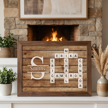 Custom family name crossword canvas print featuring interlocking names on wood background wall decor