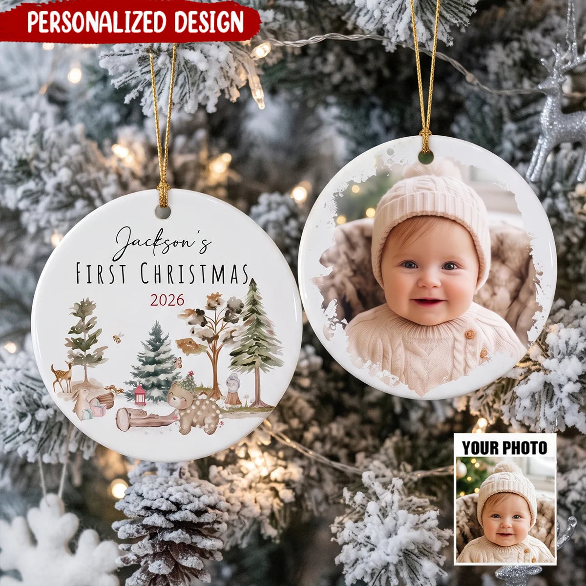 "Baby's First Christmas" Personalized Ceramic Photo Ornament - Woodland Keepsake Gift