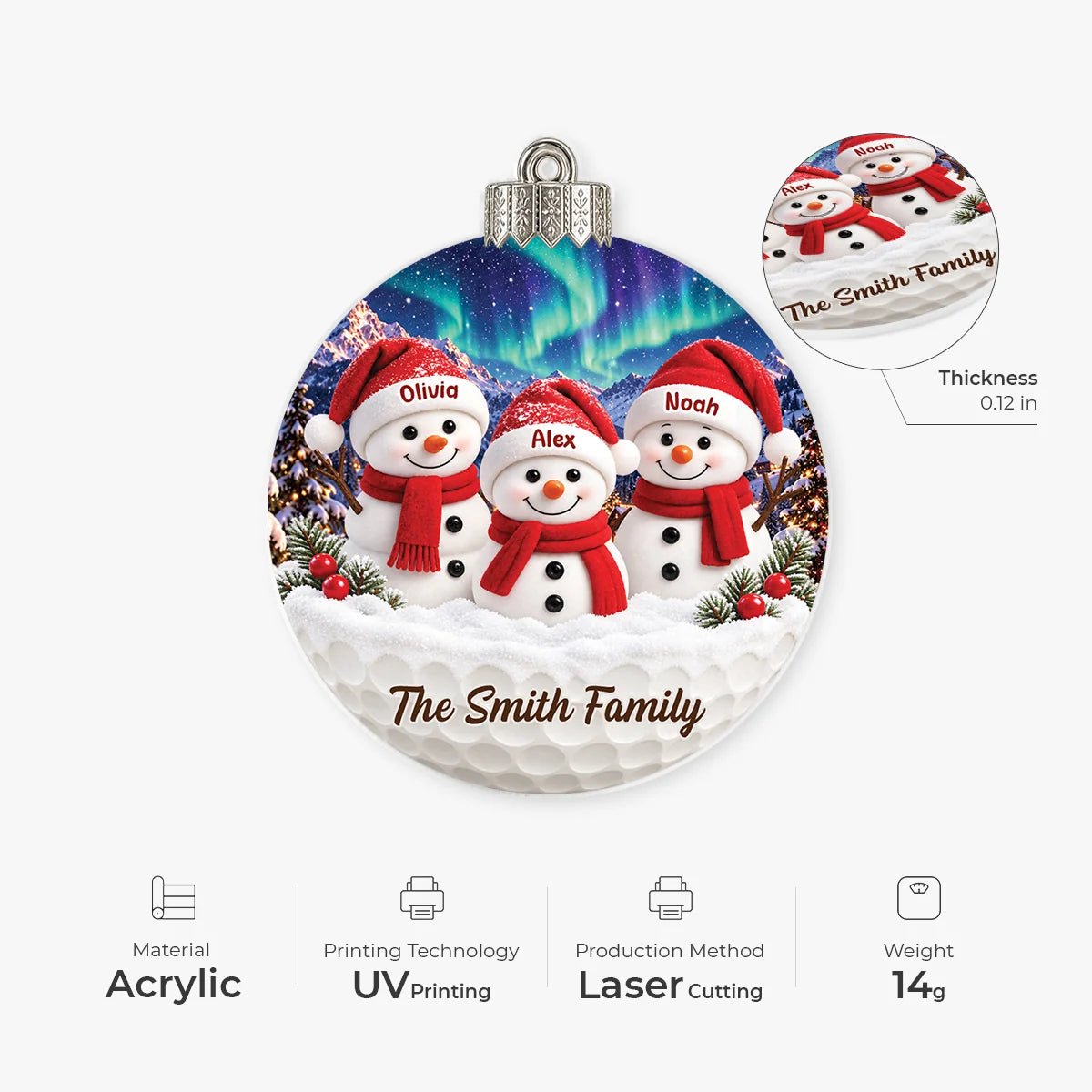 Snowman Family Personalized Acrylic Ornament - Christmas Holiday Keepsake Gift