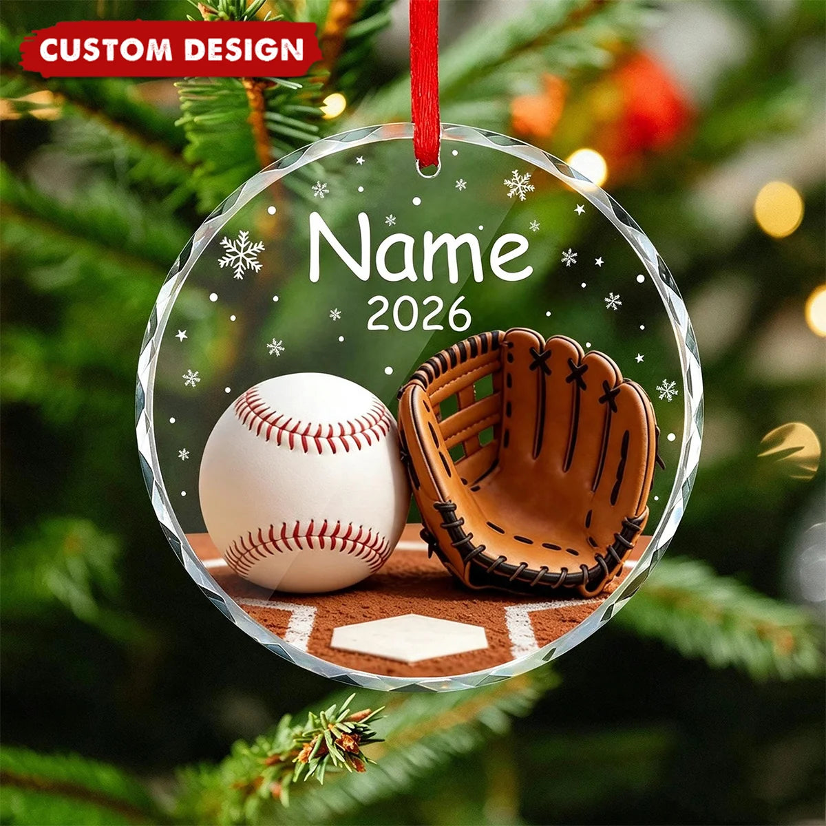 Personalized Baseball & Softball Glove Christmas Glass Ornament - Custom Player Name Keepsake Gift