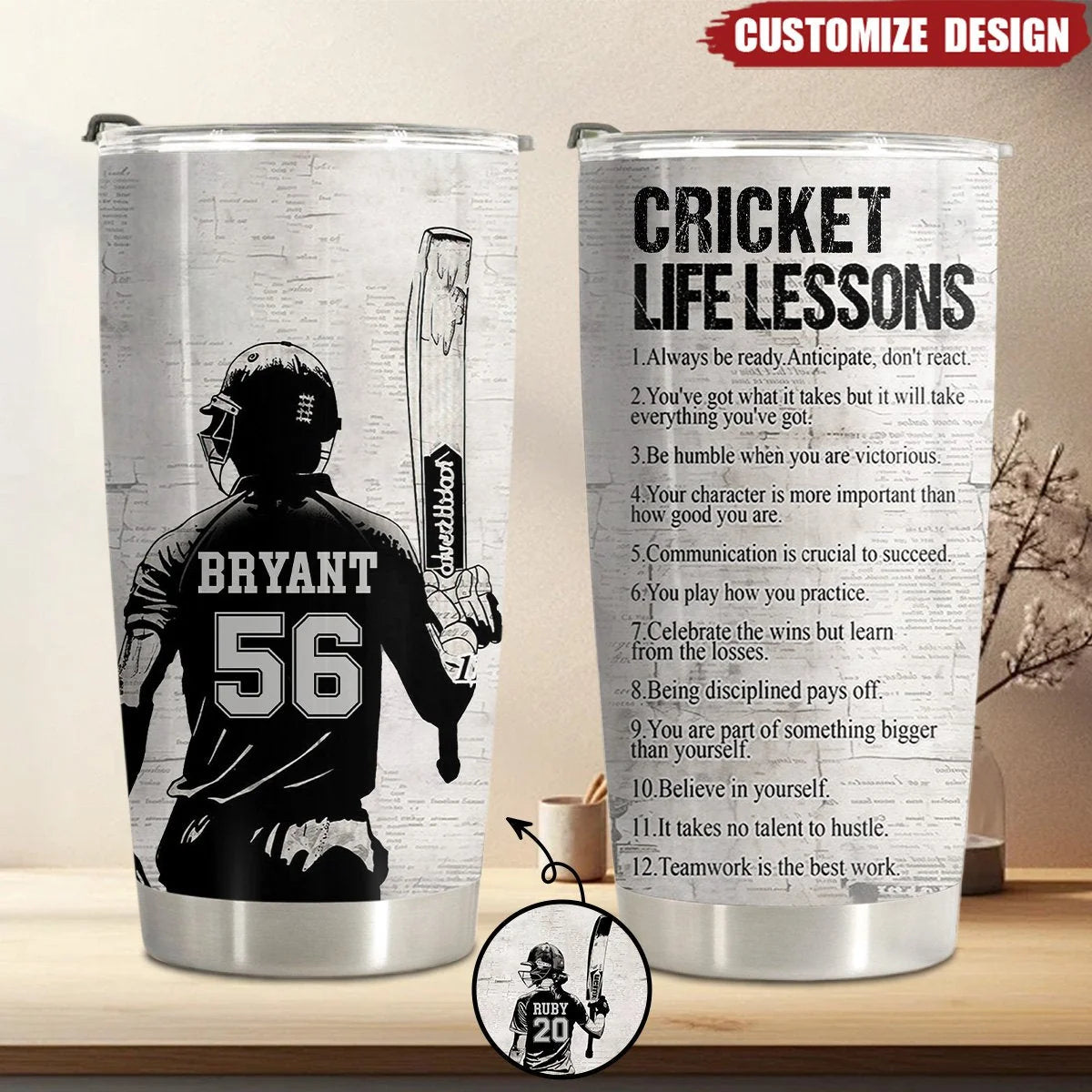 Cricket Life Lessons – Personalized Tumbler for Cricket Lovers, Custom Name Travel Cup