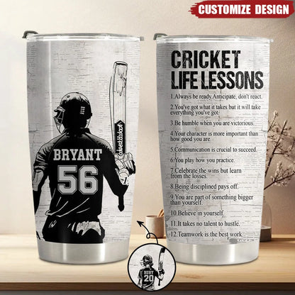 Cricket Life Lessons – Personalized Tumbler for Cricket Lovers, Custom Name Travel Cup