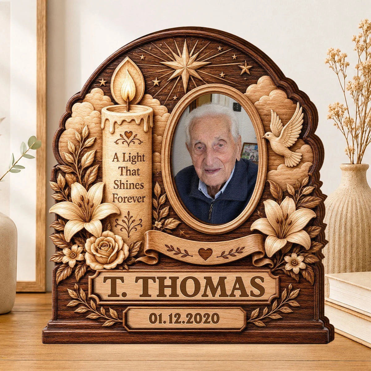 "A Light That Shines Forever" Personalized Wooden Block - Custom Memorial Photo Gift