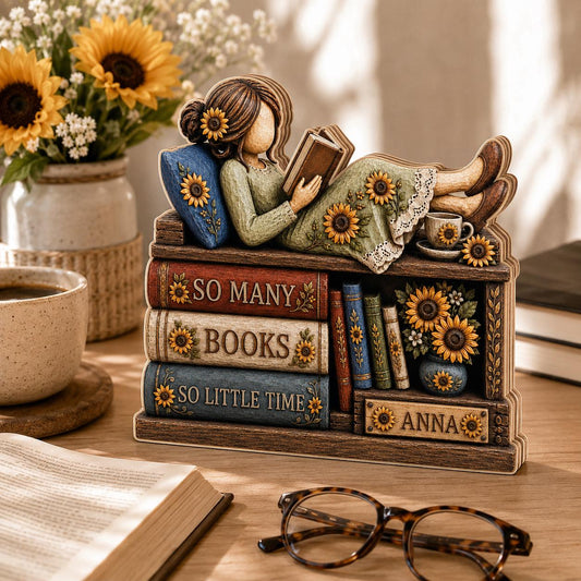 "So Many Books So Little Time" Personalized Book Lover Gift - Custom Sunflower Wooden Block