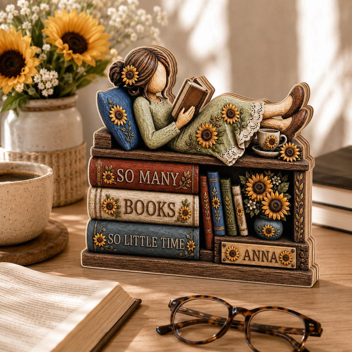 "So Many Books So Little Time" Personalized Book Lover Gift - Custom Sunflower Wooden Block