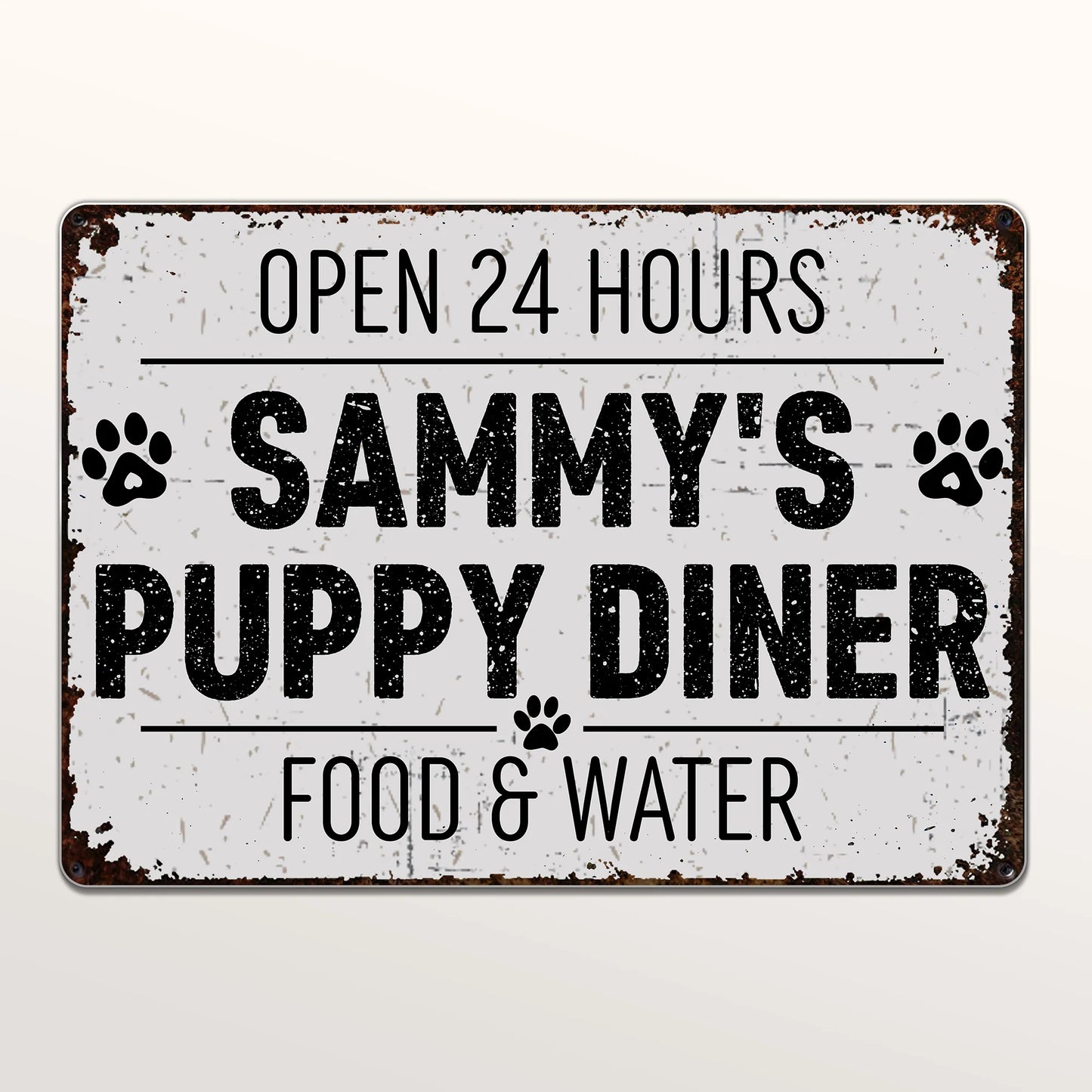 Personalized dog mom metal sign featuring Open 24 Hours Sammy's Puppy Diner design for dog lovers image 7