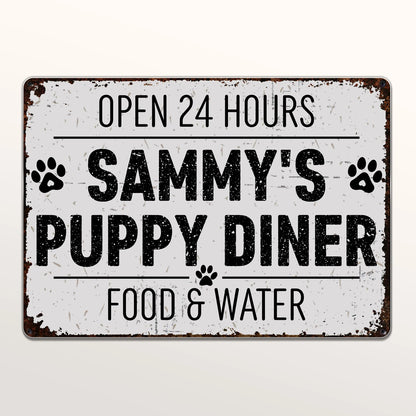 Personalized dog mom metal sign featuring Open 24 Hours Sammy's Puppy Diner design for dog lovers image 7