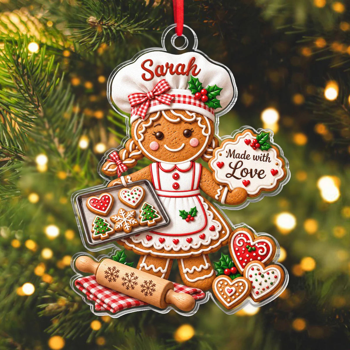 Made with Love Personalized Acrylic Ornament - Custom Christmas Gingerbread Baker Keepsake