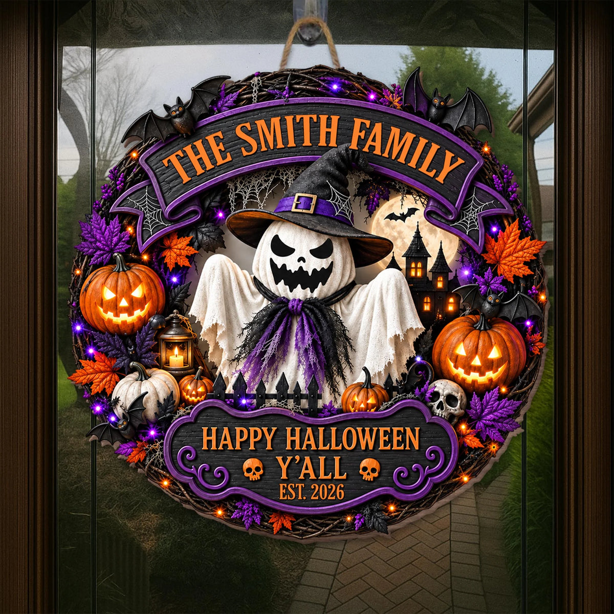 Happy Halloween Y'all Personalized Wood Sign - Custom Ghost Wreath Decor for Family
