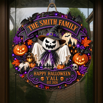 Happy Halloween Y'all Personalized Wood Sign - Custom Ghost Wreath Decor for Family