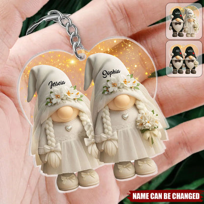 Fairytale Bride & Groom Gnome Keychain - Personalized Acrylic Wedding Keepsake Gift
