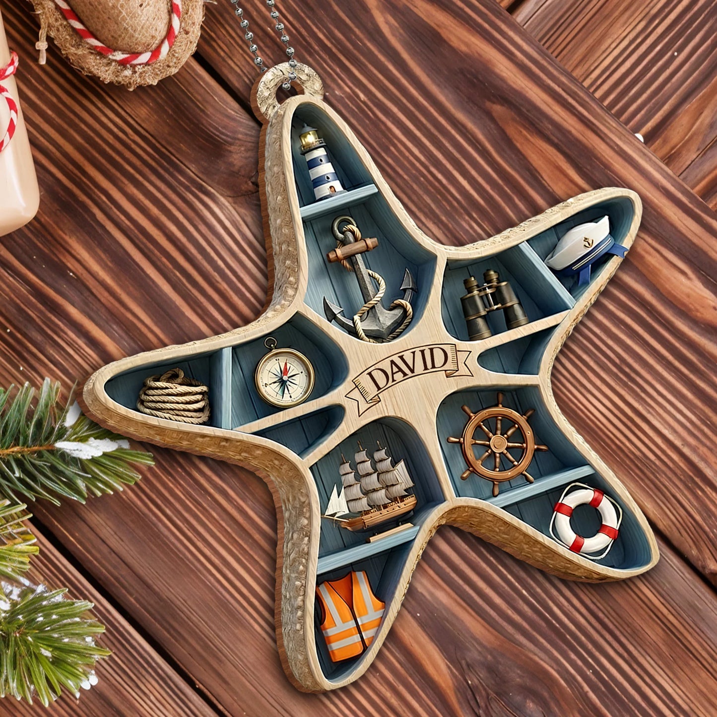 Custom Nautical Wooden Car Hanging Ornament personalization view for Dad