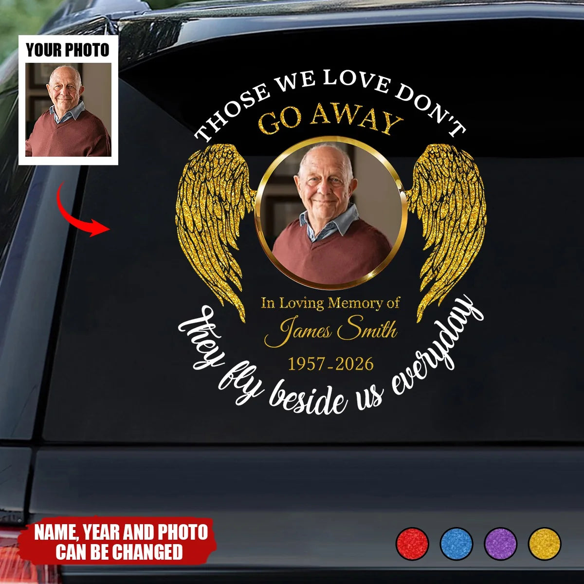 Custom photo memorial decal for car windows featuring angel wings and In Loving Memory tribute text