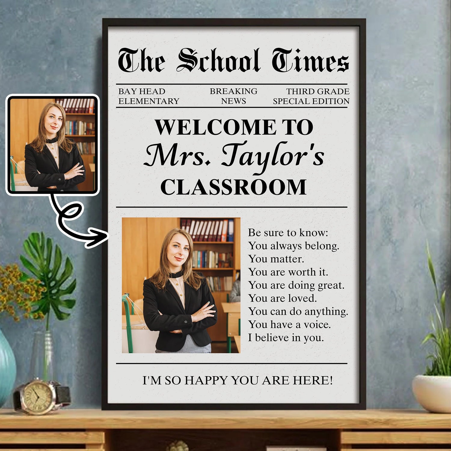 Custom teacher photo poster featuring a vintage newspaper headline style and inspiring classroom messages for educators