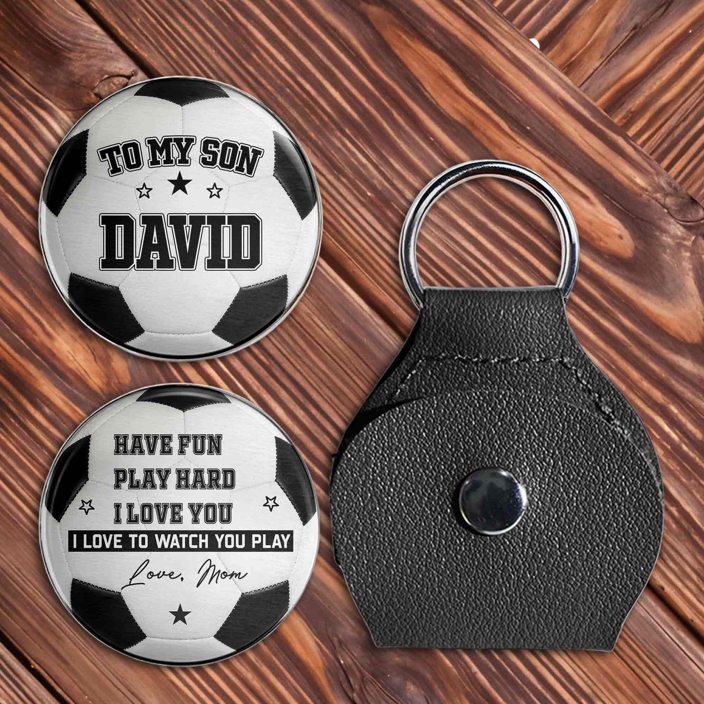 Personalized soccer pocket hug token with custom name David and leather case gift for son image 8