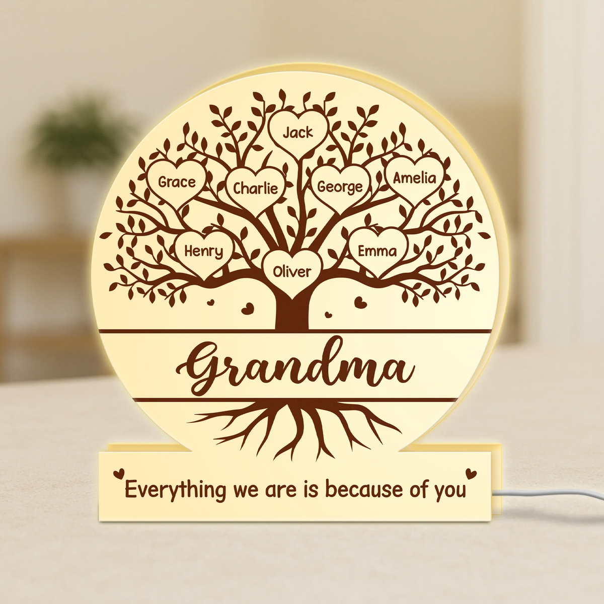 Everything We Are Because of You - Personalized Family Tree Acrylic Light Box for Grandma