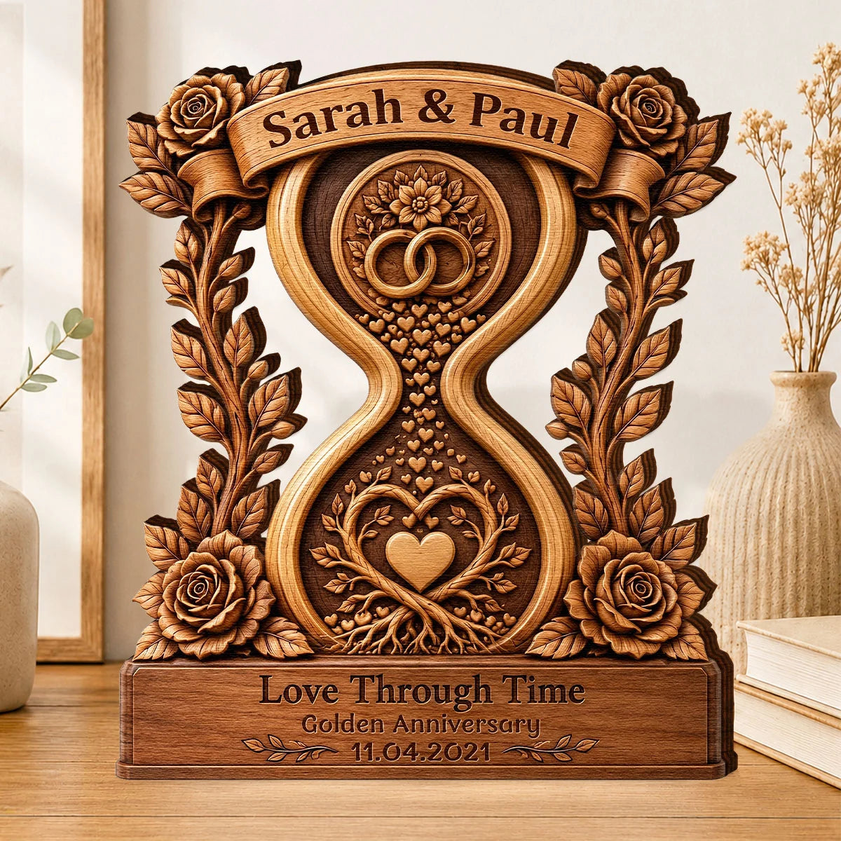 Personalized anniversary wooden plaque with hourglass design for couples keepsake gift decor