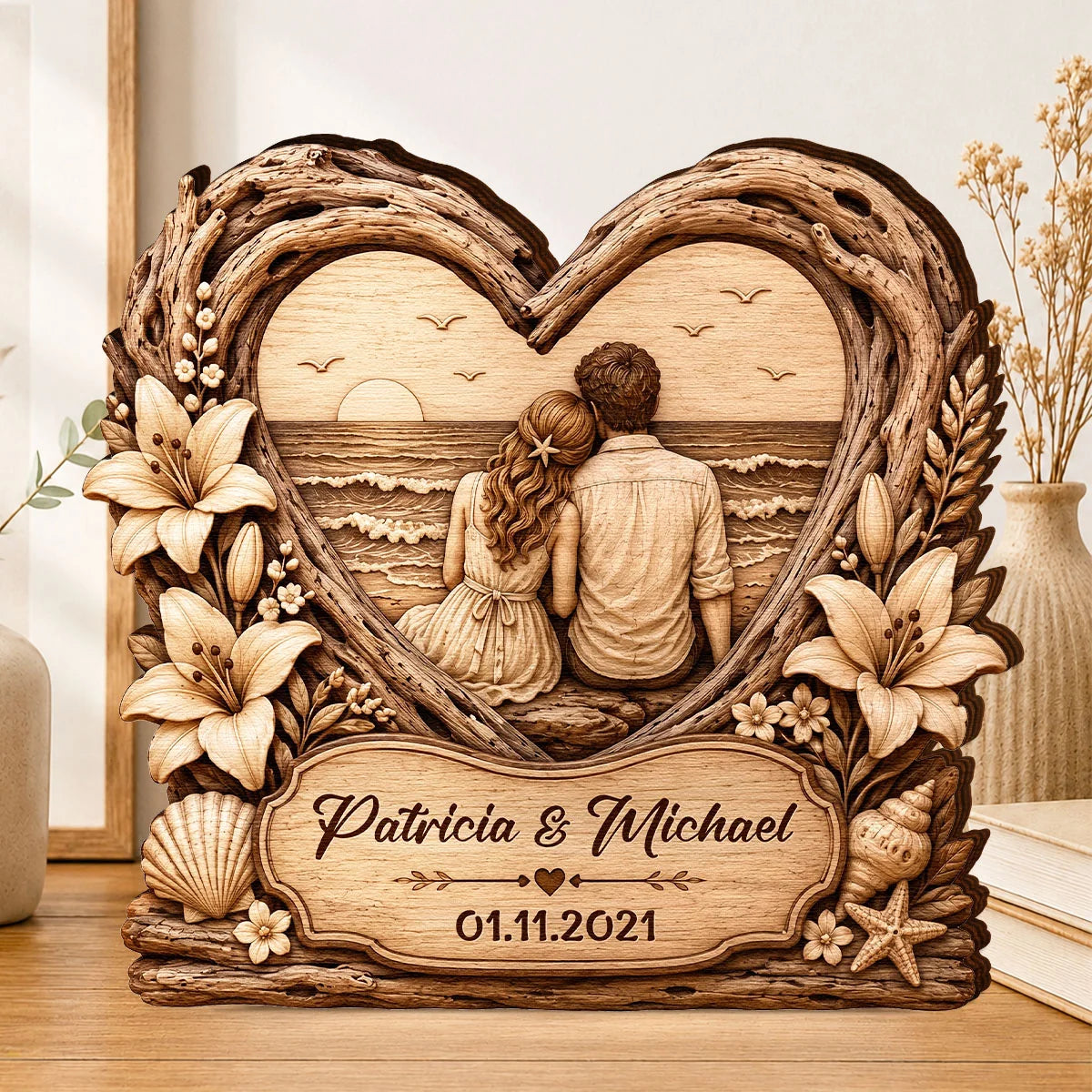 Beach Sunset Couple Heart Personalized Wooden Block - Keepsake Gift for Wife or Husband