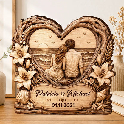 Beach Sunset Couple Heart Personalized Wooden Block - Keepsake Gift for Wife or Husband